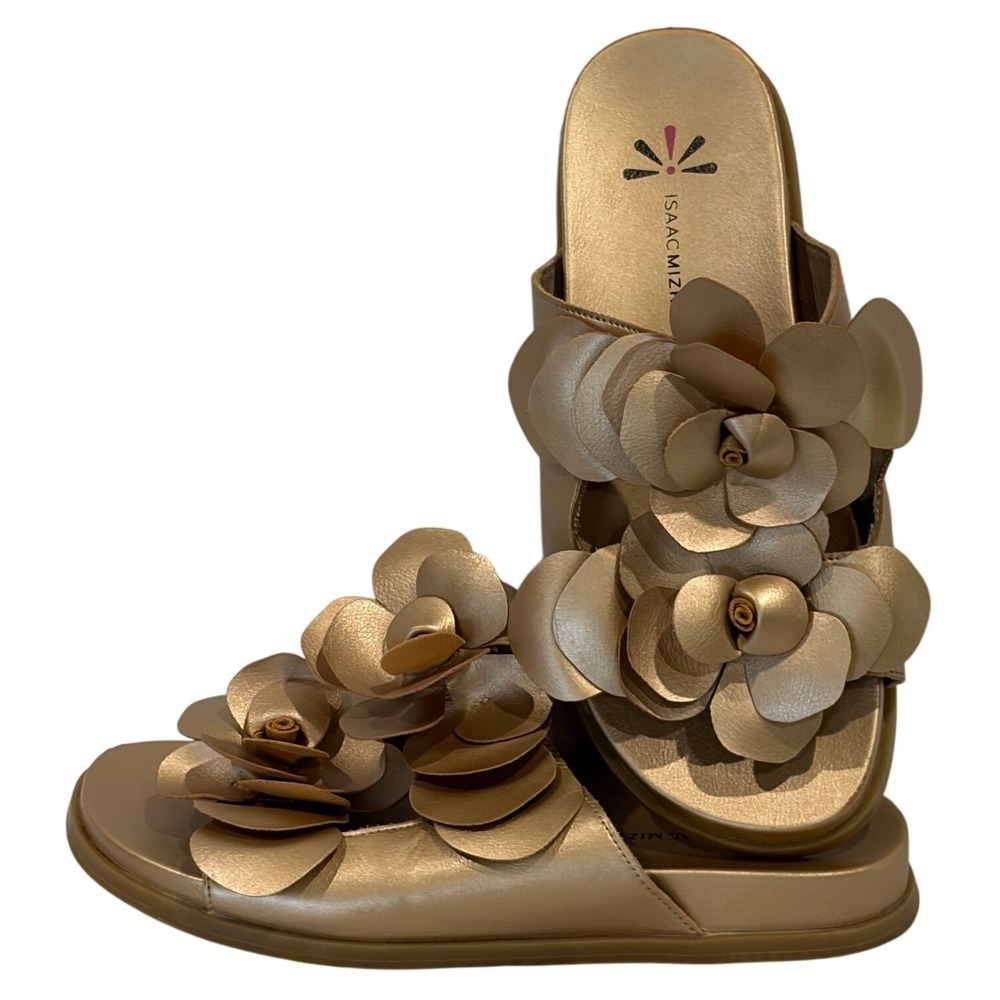 Isaac Mizrahi‎ Live Floral Slide Sandals 7 Gold Womens 3D Flower Metallic Good